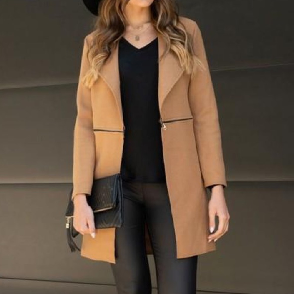 Felt Open Trench Coat with Zip Detail